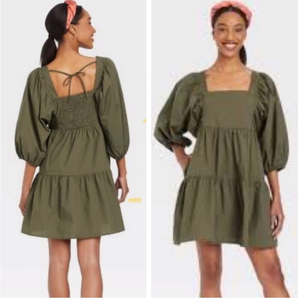 a new day Olive Green Puff Sleeve Tiered Midi Dress